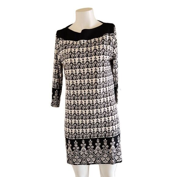 La Moda women's floral above knee black white dress NWT boat neck long sleeve - Picture 1 of 7